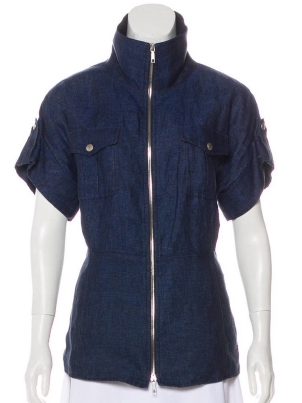 Lafayette 148 New York Blue Linen Zip Front Utility Jacket Size 8